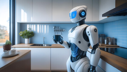 Friendly AI robot with a futuristic design holding a coffee cup, standing in a clean, modern kitchen setting