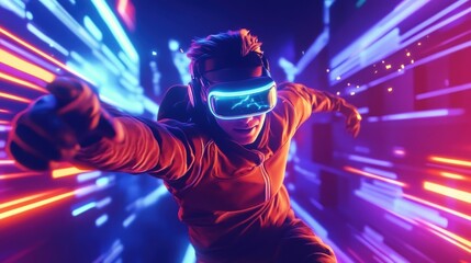 A cartoon 3D gamer in a virtual reality game, battling enemies with glowing weapons in a fast-paced, colorful arena filled with virtual traps and glowing obstacles.