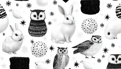 Modern winter pattern in black and white with rabbits, owls, and geometric stars.