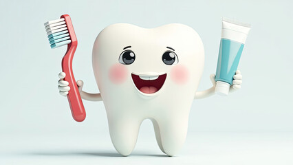 A cute, white cartoon tooth is holding a red toothbrush and a blue toothpaste tube. Concept of dental hygiene and healthy teeth.