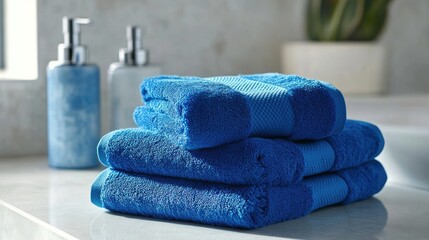 Neatly arranged towels in a refreshing blue color create a serene atmosphere. The refreshing blue...