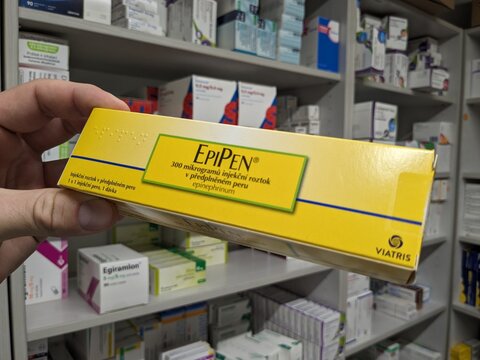 Prague, Czech Republic-August 28 2024:EPIPEN box of medication with epinephrine active substance by Mylan, used for treatment of anaphylaxis, severe allergic reactions, anaphylactic shock.	
