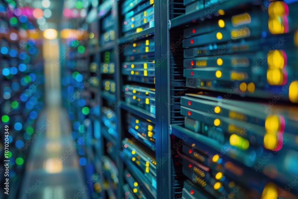Poster server room with flashing lights on a network server array