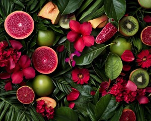 Refreshing summer flat lay featuring tropical fruits, green leaves, and exotic floral accents.