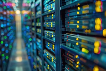 Server room with flashing lights on a network server array