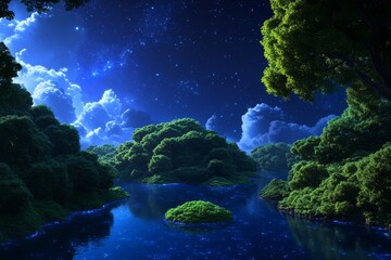 Tranquil Night Scene with Lush Greenery and Reflections Under Starry Sky