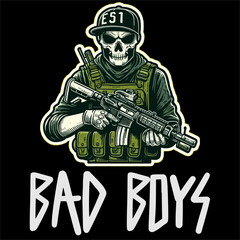 Illustrator Vector Sticker of Skull man with tactical Style grab a Weapon 