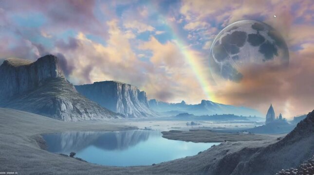 Celestial Dreamscape: An awe-inspiring landscape features a magnificent moon dominating the sky, a vibrant rainbow arching across the clouds, and surreal mountains framing a tranquil lake.