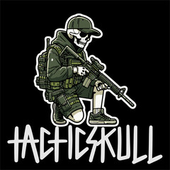Illustrator Vector Sticker of Skull man with tactical Style grab a Weapon 