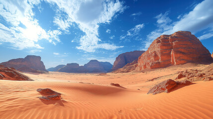 Naklejka premium Breathtaking panorama of Al Ula's rocky desert formations with picturesque sand dunes in the foreground