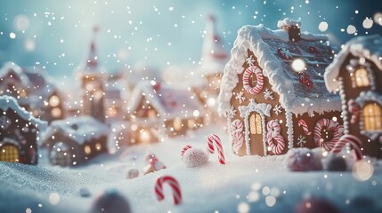 Snowflakes falling over a whimsical Christmas doodle village, featuring candy canes and gingerbread houses,