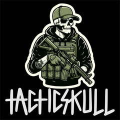 Illustrator Vector Sticker of Skull man with tactical Style grab a Weapon 