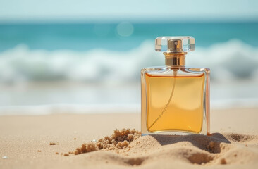 A transparent bottle of perfume stands on the sea sand on the background of the ocean
