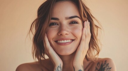 A woman with a tattoo on her arm is smiling and holding her hands up to her face
