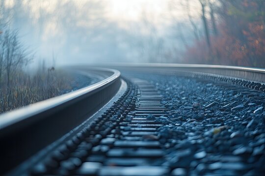 A train track is winding its way through a fogladen forest