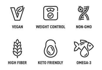 Main features icons for food dietary supplement labeling in bold line