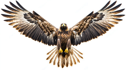 the golden eagle, a majestic bird of prey, spreads its wings in a powerful stance, showcasing its regal plumage and sharp talons, isolated on a pristine black background
