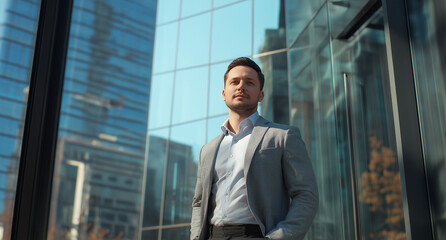 Fototapeta premium A businessman standing in front of a glass building with a cityscape background