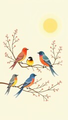 Fototapeta premium Colorful illustration of birds on branches with spring blossoms and sun 