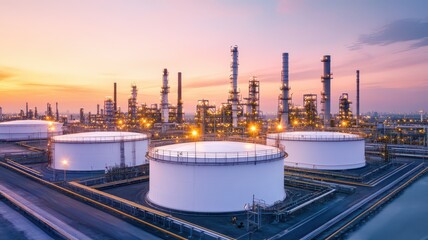 Obraz premium Wide view of refinery complex with towering stacks and storage tanks under a clear blue sky