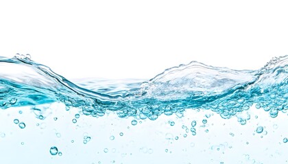 Blue Water Splashing and Bubbles on White Background