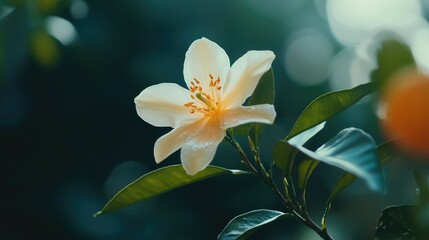 Fototapeta premium A single white flower with orange center blooms on a branch with green leaves.