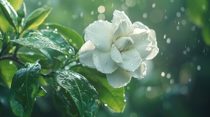 A single white gardenia flower with raindrops on its petals, surrounded by green leaves.