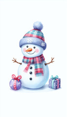 A cute snowman dressed in winter clothes, watercolor illustration with isolated background. Generative AI.