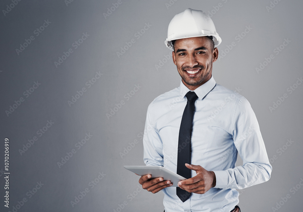 Poster engineer, tablet and portrait of construction worker with research and online blueprint in studio. c
