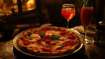 Authentic Margherita pizza on a rustic table, set in a traditional Italian pizzeria with Rome s Colosseum visible through the window, vibrant lighting