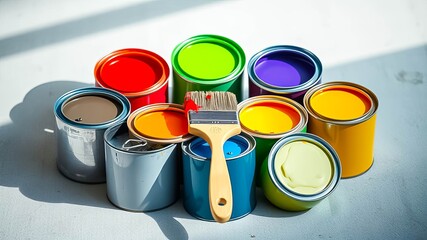 A circular arrangement of paint cans with a brush resting in the center, showcasing a diverse array of colors and textures.