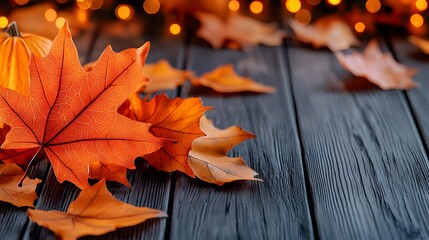 Obraz premium Autumn Leaves on a Dark Wooden Surface with Bokeh Lights