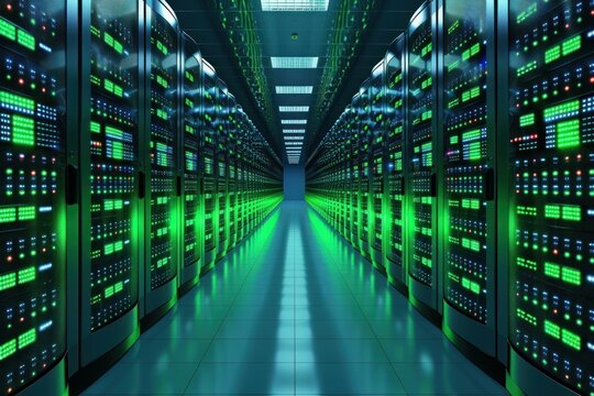 Server racks with blinking green lights are filling a data center