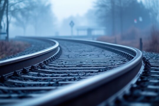 A train track is winding its way through a fogladen forest