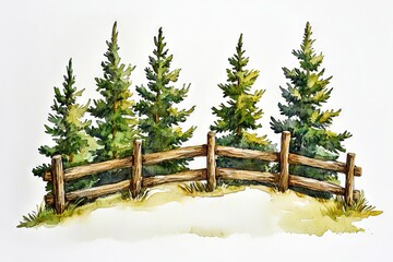 An idyllic winter scene with evergreen trees and a rustic wooden fence.