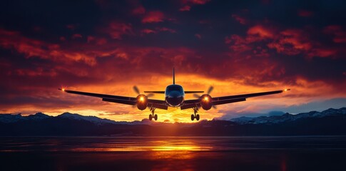 Airplane Silhouette Gliding Through a Fiery Sunset Sky, Capturing the Beauty of Evening Travel