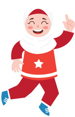 Happy Muslim Girl Child in Red Jumpsuit Cheerful Cartoon Illustration