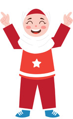 Happy Muslim Girl Child in Red Outfit Cheerful Pointing Illustration