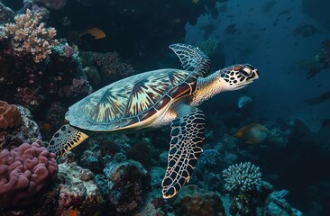 Obraz premium A sea turtle swimming gracefully in the crystal-clear waters of an underwater coral reef, surrounded by vibrant colors and lush corals.