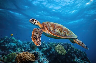 Obraz premium A sea turtle swimming gracefully in the crystal-clear waters of an underwater coral reef, surrounded by vibrant colors and lush corals.