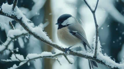 Obraz premium A small bird with black cap and brown feathers perched on a snow-covered branch in a winter forest.
