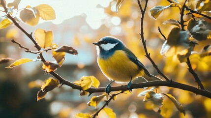 Fototapeta premium A small blue and yellow bird perches on a branch with yellow leaves.