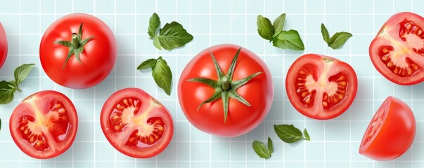 Fototapeta premium Juicy whole tomatoes and halved tomatoes on a pastel mint background, featuring subtle botanical line art.