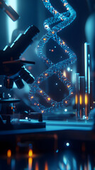 Fototapeta premium DNA and a holographic double helix in front of lab equipment against a dark blue background symbolize scientific research and medical innovation