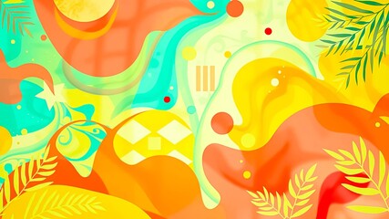 Fototapeta premium A vibrant abstract background featuring a dynamic interplay of fluid shapes, geometric patterns, and delicate foliage, showcasing a harmonious blend of color and form.