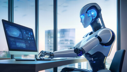 Robot assistant in an office environment, sitting in front of a computer, analyzing data on the screen. This robot has a minimalist design with smooth edges and blue LED accents