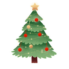 Fototapeta premium Festive Christmas Tree Illustration Decorated Evergreen with Lights and Ornaments