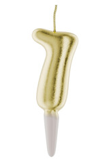 Golden candle number 7 seven festive bargaining isolated on white background. Festive cake decoration. Set of golden candles-numbers for birthday. 3d render.