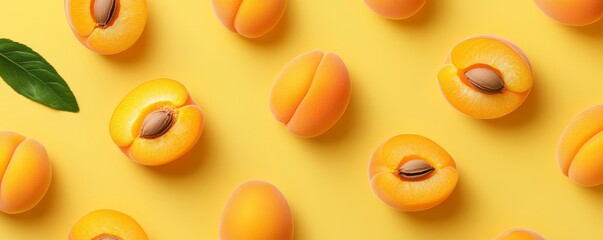 Patterned fruit design featuring apricots with seeds exposed, placed against a soft yellow backdrop.