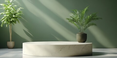 Elegant Round Marble Podium with Potted Plant